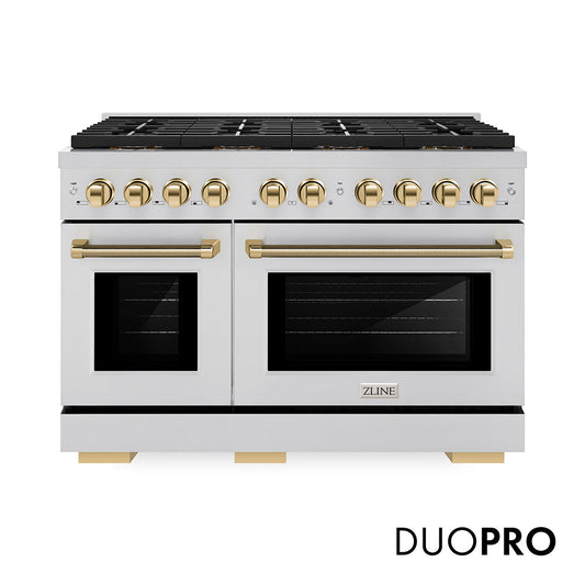 ZLINE Autograph Edition 48 in. 6.7 cu. ft. Paramount Dual Fuel Range with 8 Burner DuoPro™ Cooktop and Dual Ovens in Stainless Steel with Polished Gold Helix Handles and Accents (PSDRZ-48-KG)