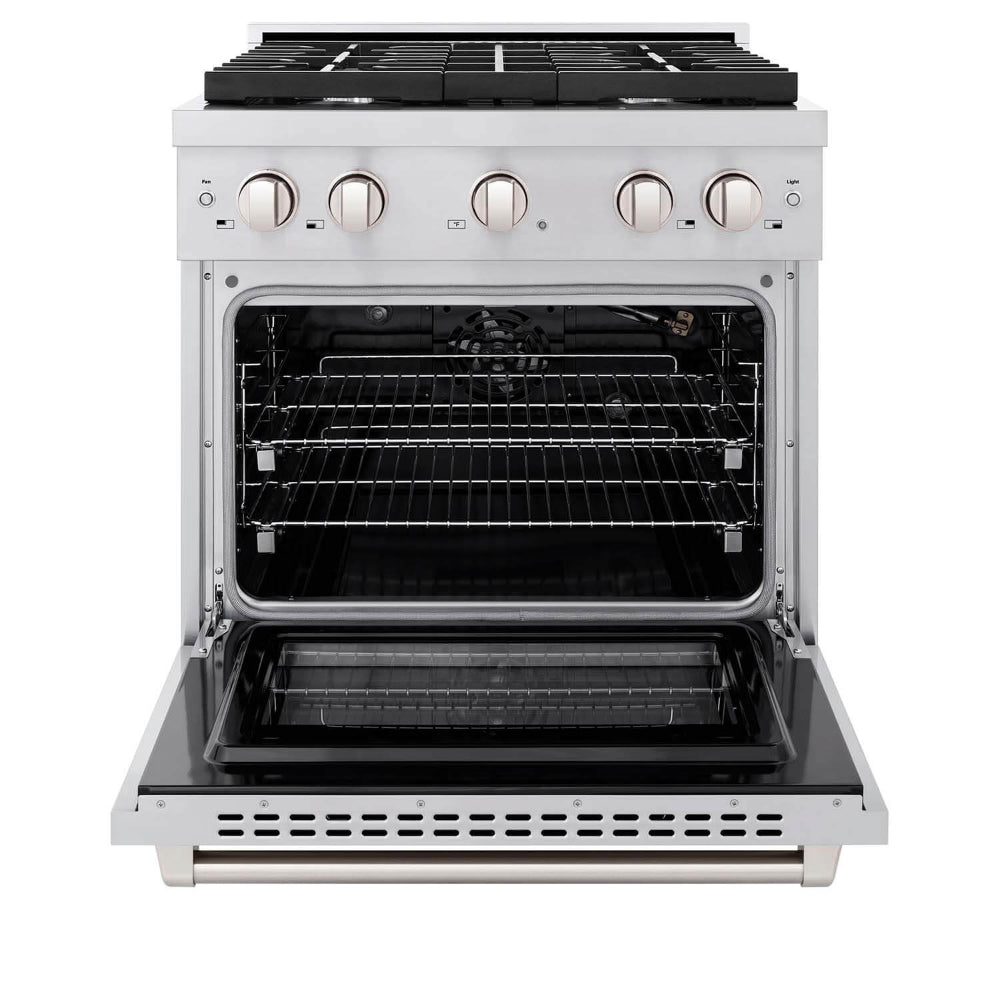 ZLINE Kitchen Package with Refrigerator, 30 in. Stainless Steel Gas Range, 30 in. Range Hood, Microwave Drawer, and 24 in. Tall Tub Dishwasher (5KPR-SGRRH30-MWDWV)