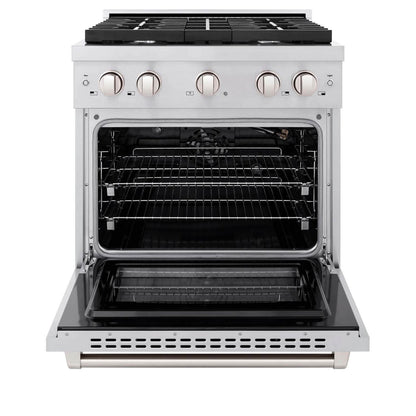 ZLINE Kitchen Package with Refrigerator, 30 in. Stainless Steel Gas Range, 30 in. Range Hood, Microwave Drawer, and 24 in. Tall Tub Dishwasher (5KPR-SGRRH30-MWDWV)