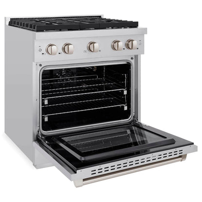 ZLINE Kitchen Package with Refrigerator, 30 in. Stainless Steel Gas Range, 30 in. Range Hood, Microwave Drawer, and 24 in. Tall Tub Dishwasher (5KPR-SGRRH30-MWDWV)