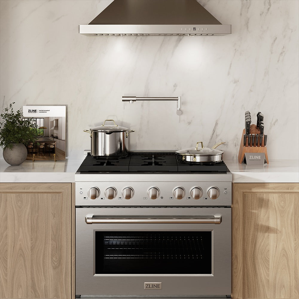 ZLINE Kitchen Package with Refrigerator, 36 in. Stainless Steel Gas Range, 36 in. Range Hood, Microwave Drawer, 24 in. Tall Tub Dishwasher and Wine Cooler (6KPR-SGRRH36-MWDWV-RWV)