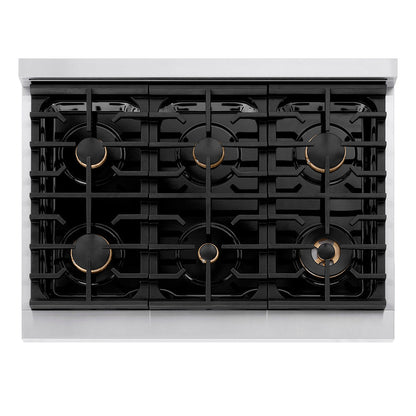 ZLINE Autograph Edition 36 in. 5.2 cu. ft. Paramount Gas Range with 6 Burner Cooktop and Convection Gas Oven in Stainless Steel with Champagne Bronze Helix Handle and Knob Accents (SGRZ-36-KCB)