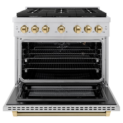ZLINE Autograph Edition 36 in. 5.2 cu. ft. Paramount Gas Range with 6 Burner Cooktop and Convection Gas Oven in Stainless Steel with Polished Gold Helix Handle and Knob Accents (SGRZ-36-KG)