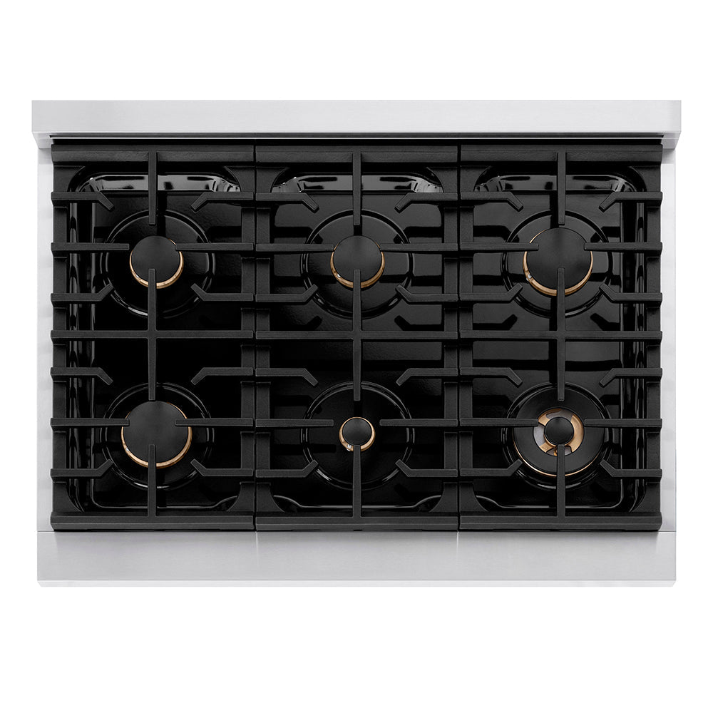 ZLINE Autograph Edition 36 in. 5.2 cu. ft. Paramount Gas Range with 6 Burner Cooktop and Convection Gas Oven in Stainless Steel with Polished Gold Helix Handle and Knob Accents (SGRZ-36-KG)