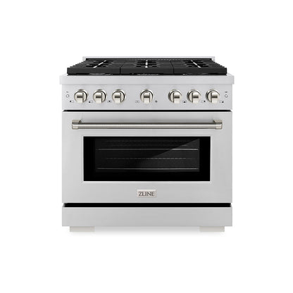 ZLINE Autograph Edition 36 in. 5.2 cu. ft. Paramount Gas Range with 6 Burner Cooktop and Convection Gas Oven in Stainless Steel with Polished Nickel Helix Handle and Knob Accents (SGRZ-36-KPN)