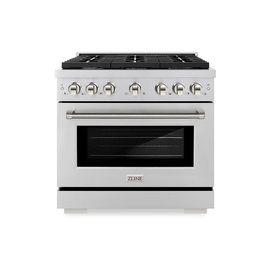 ZLINE Autograph Edition 36 in. 5.2 cu. ft. Paramount Gas Range with 6 Burner Cooktop and Convection Gas Oven in Stainless Steel with Polished Nickel Helix Handle and Knob Accents (SGRZ-36-KPN)