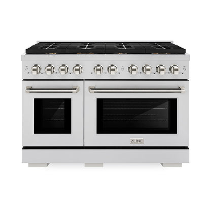 ZLINE Autograph Edition 48 in. 6.7 cu. ft. Paramount Double Oven Gas Range with 8 Burner Cooktop in Stainless Steel and Polished Nickel Helix Handles and Knob Accents (SGRZ-48-KPN)