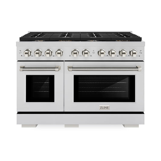 ZLINE Autograph Edition 48 in. 6.7 cu. ft. Paramount Double Oven Gas Range with 8 Burner Cooktop in Stainless Steel and Polished Nickel Helix Handles and Knob Accents (SGRZ-48-KPN)