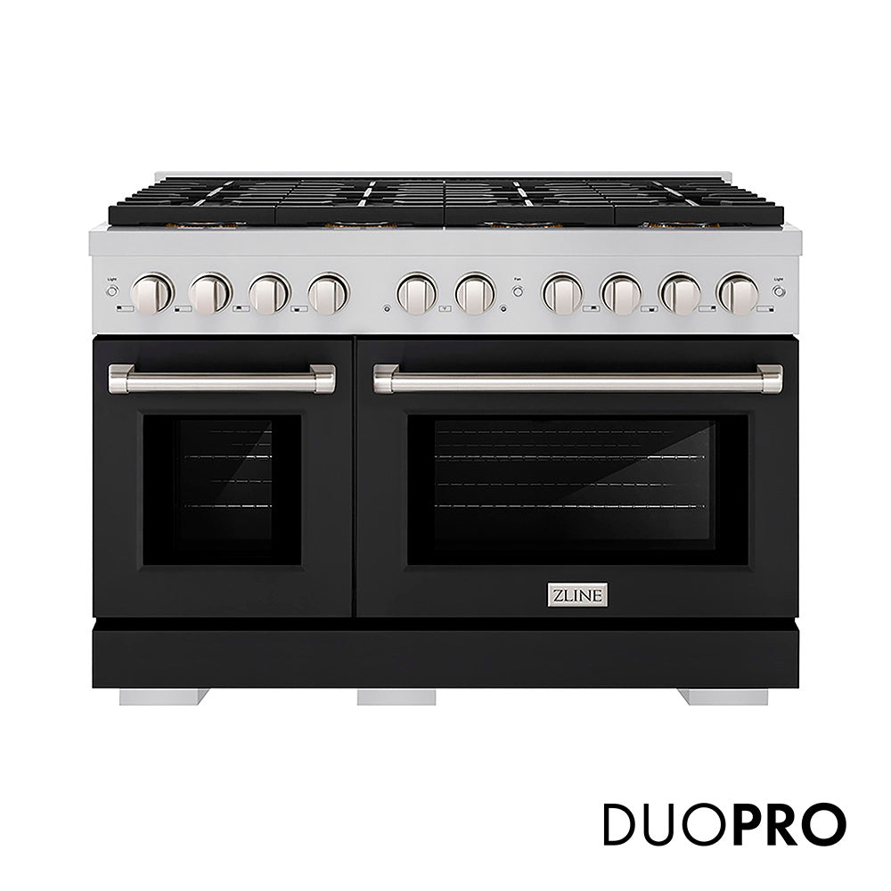 ZLINE 48 in. 6.7 cu. ft. Paramount Gas Range with 8 Burner DuoPro™ Cooktop and Dual Ovens with Black Matte Doors (PSGR-BLM-48)