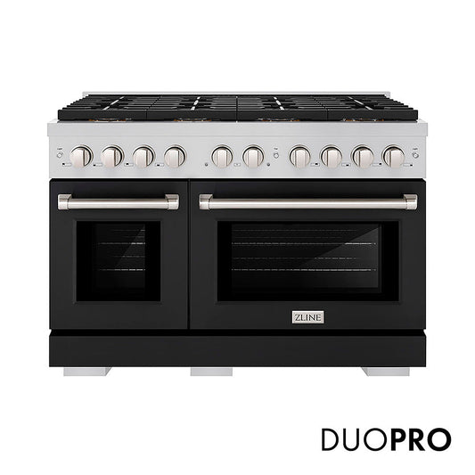 ZLINE 48 in. 6.7 cu. ft. Paramount Gas Range with 8 Burner DuoPro™ Cooktop and Dual Ovens with Black Matte Doors (PSGR-BLM-48)