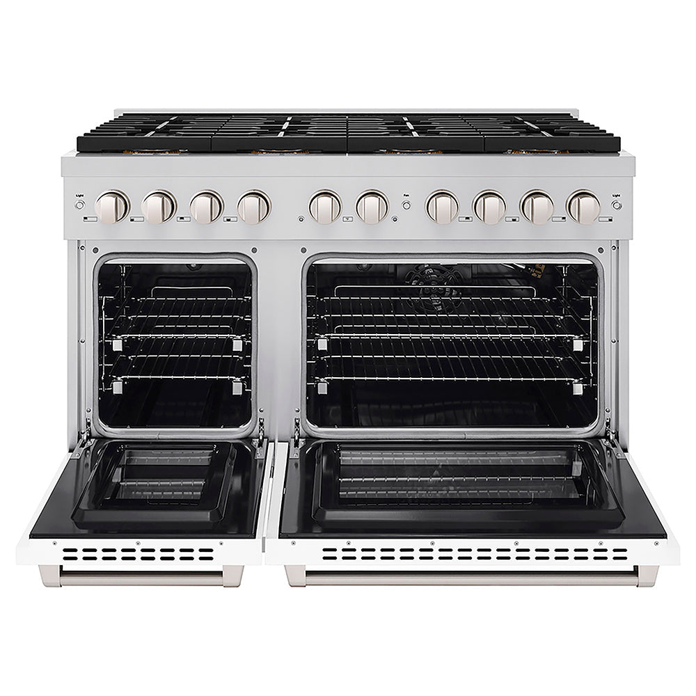 ZLINE 48 in. 6.7 cu. ft. Paramount Gas Range with 8 Burner DuoPro™ Cooktop and Dual Ovens with White Matte Doors (PSGR-WM-48)