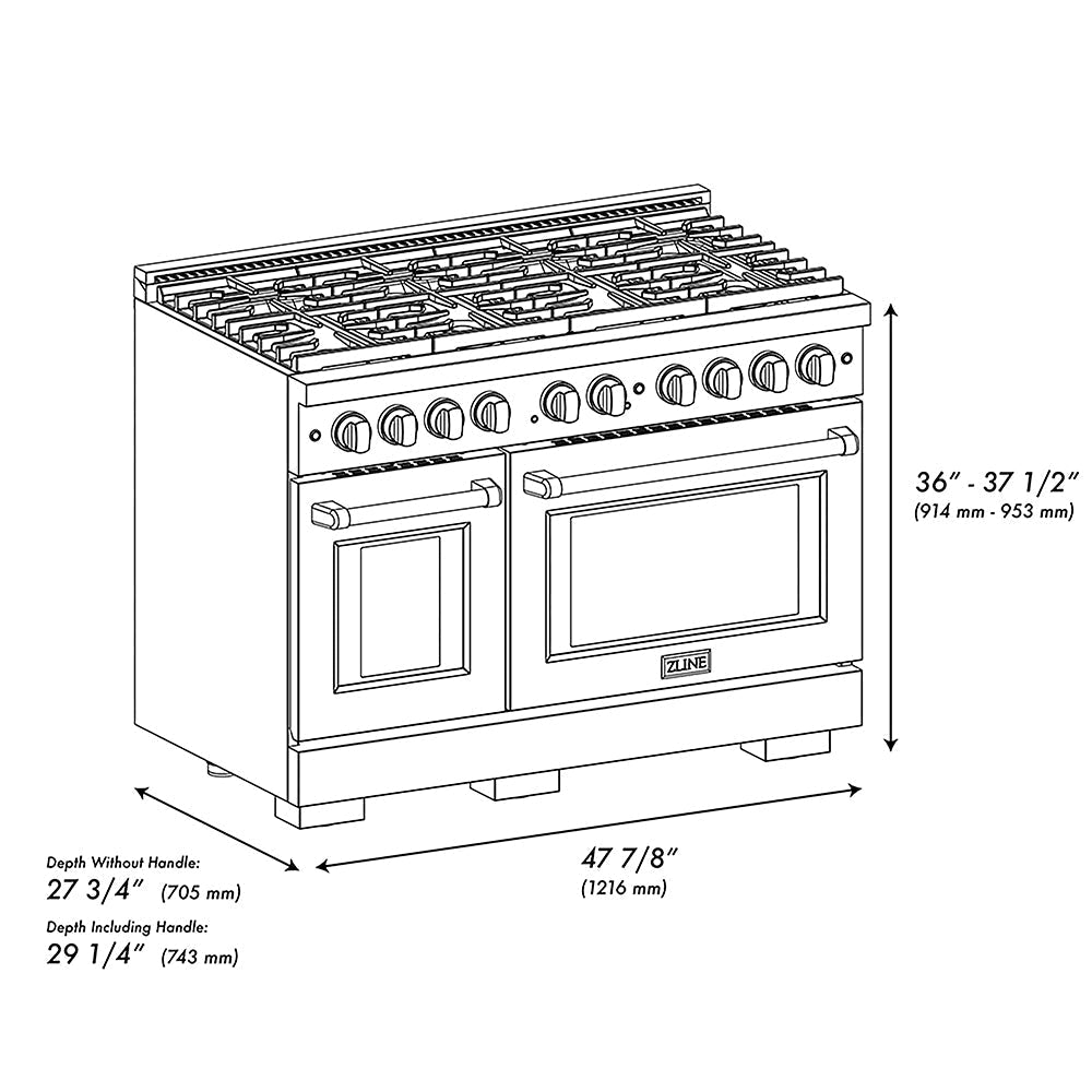 ZLINE Autograph Edition 48 in. 6.7 cu. ft. Paramount Gas Range with 8 Burner DuoPro™ Cooktop and Dual Ovens in Satin Stainless Steel and Matte Black Accents (PSGRSZ-48-MB)