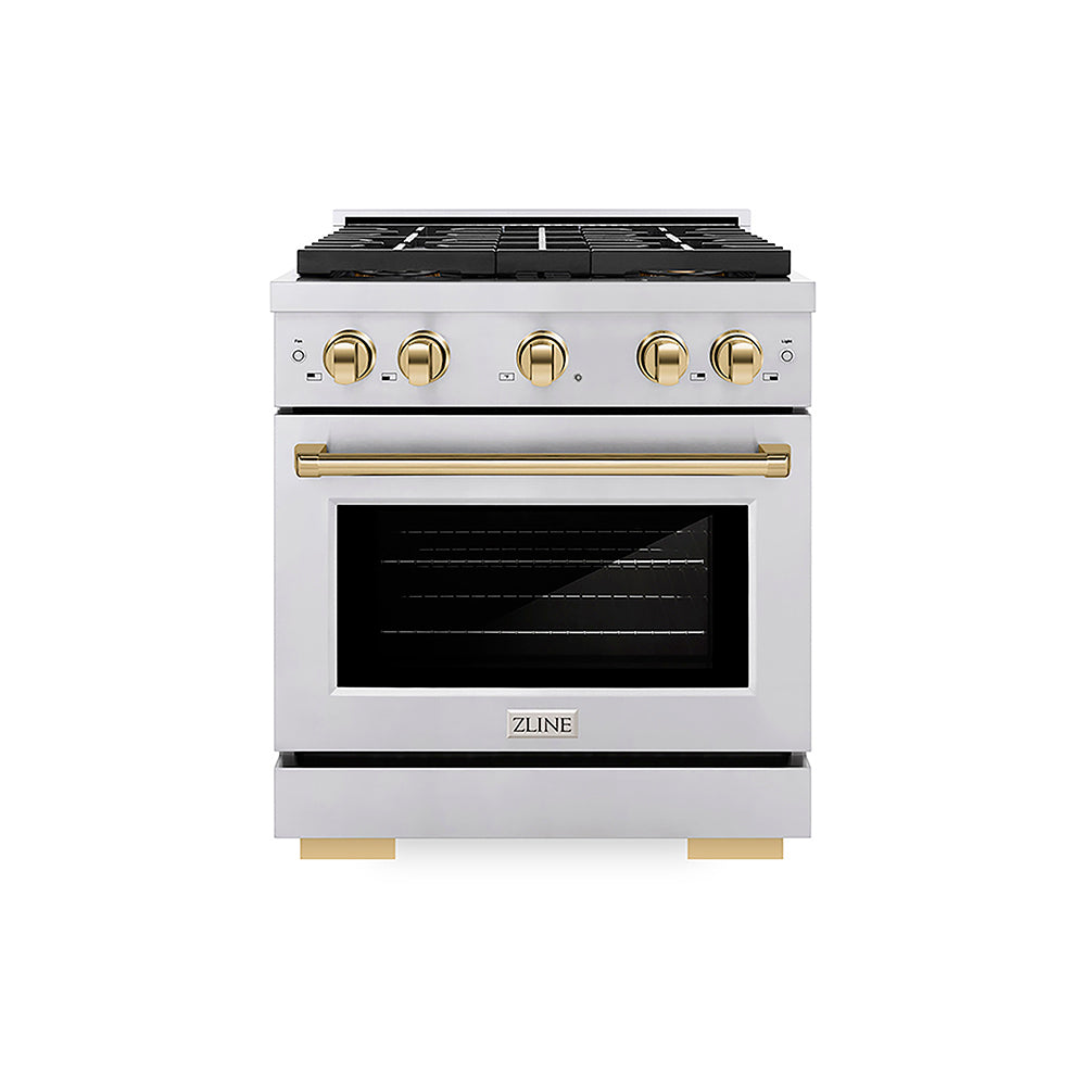 ZLINE Autograph Edition 30 in. 4.2 cu. ft. Paramount Gas Range with 4 Burner DuoPro™ Cooktop and Convection Gas Oven in Stainless Steel with Polished Gold Accents (PSGRZ-30-G)