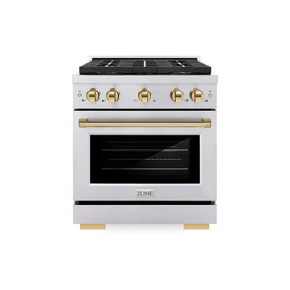 ZLINE Autograph Edition 30 in. 4.2 cu. ft. Paramount Gas Range with 4 Burner DuoPro™ Cooktop and Convection Gas Oven in Stainless Steel with Polished Gold Accents (PSGRZ-30-G)