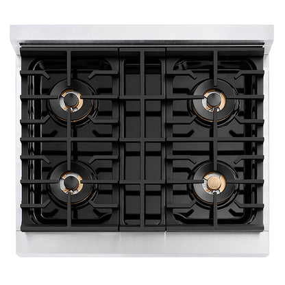 ZLINE Autograph Edition 30 in. 4.2 cu. ft. Paramount Gas Range with 4 Burner DuoPro™ Cooktop and Convection Gas Oven in Stainless Steel with Polished Gold Accents (PSGRZ-30-G)
