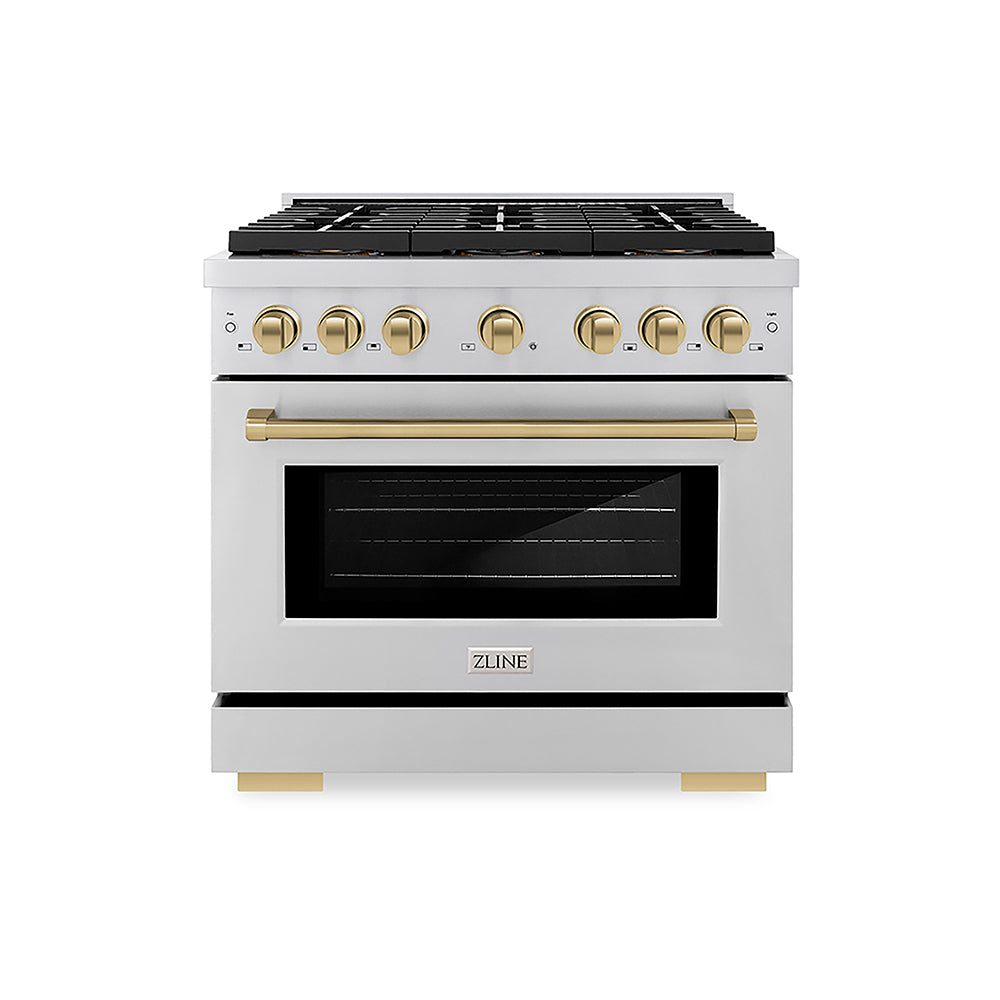 ZLINE Autograph Edition 36 in. 5.2 cu. ft. Paramount Gas Range with 6 Burner DuoPro™ Cooktop and Convection Gas Oven in Stainless Steel and Champagne Bronze Accents (PSGRZ-36-CB)