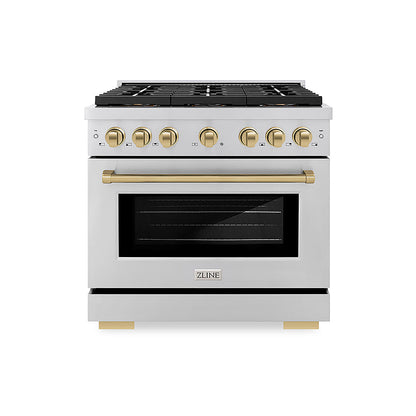 ZLINE Autograph Edition 36 in. 5.2 cu. ft. Paramount Gas Range with 6 Burner DuoPro™ Cooktop and Convection Gas Oven in Stainless Steel and Champagne Bronze Accents (PSGRZ-36-CB)