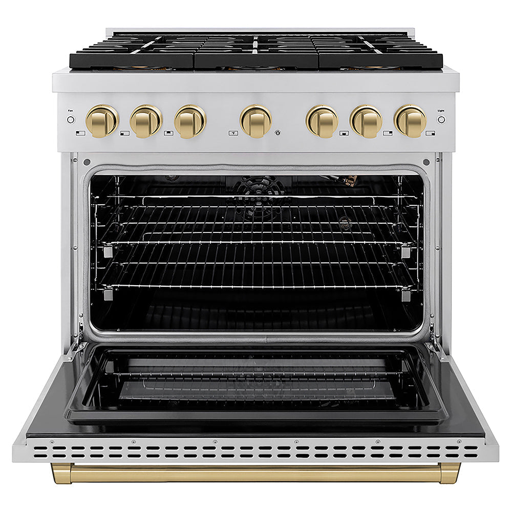ZLINE Autograph Edition 36 in. 5.2 cu. ft. Paramount Gas Range with 6 Burner DuoPro™ Cooktop and Convection Gas Oven in Stainless Steel and Champagne Bronze Accents (PSGRZ-36-CB)