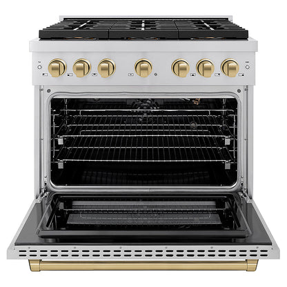 ZLINE Autograph Edition 36 in. 5.2 cu. ft. Paramount Gas Range with 6 Burner DuoPro™ Cooktop and Convection Gas Oven in Stainless Steel and Champagne Bronze Accents (PSGRZ-36-CB)