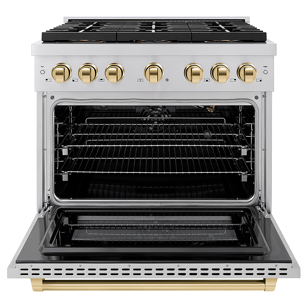ZLINE Autograph Edition 36 in. 5.2 cu. ft. Paramount Gas Range with 6 Burner DuoPro™ Cooktop and Convection Gas Oven in Stainless Steel and Polished Gold Accents (PSGRZ-36-G)