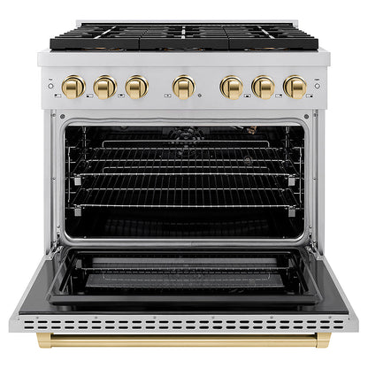 ZLINE Autograph Edition 36 in. 5.2 cu. ft. Paramount Gas Range with 6 Burner DuoPro™ Cooktop and Convection Gas Oven in Stainless Steel and Polished Gold Accents (PSGRZ-36-G)
