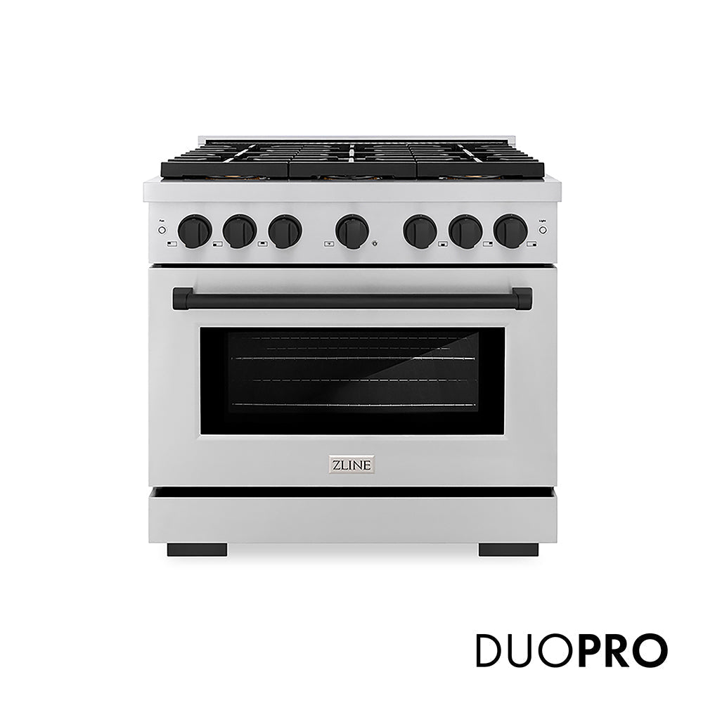 ZLINE Autograph Edition 36 in. 5.2 cu. ft. Paramount Gas Range with 6 Burner DuoPro™ Cooktop and Convection Gas Oven in Stainless Steel and Matte Black Accents (PSGRZ-36-MB)