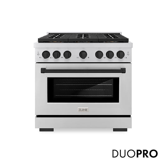ZLINE Autograph Edition 36 in. 5.2 cu. ft. Paramount Gas Range with 6 Burner DuoPro™ Cooktop and Convection Gas Oven in Stainless Steel and Matte Black Accents (PSGRZ-36-MB)