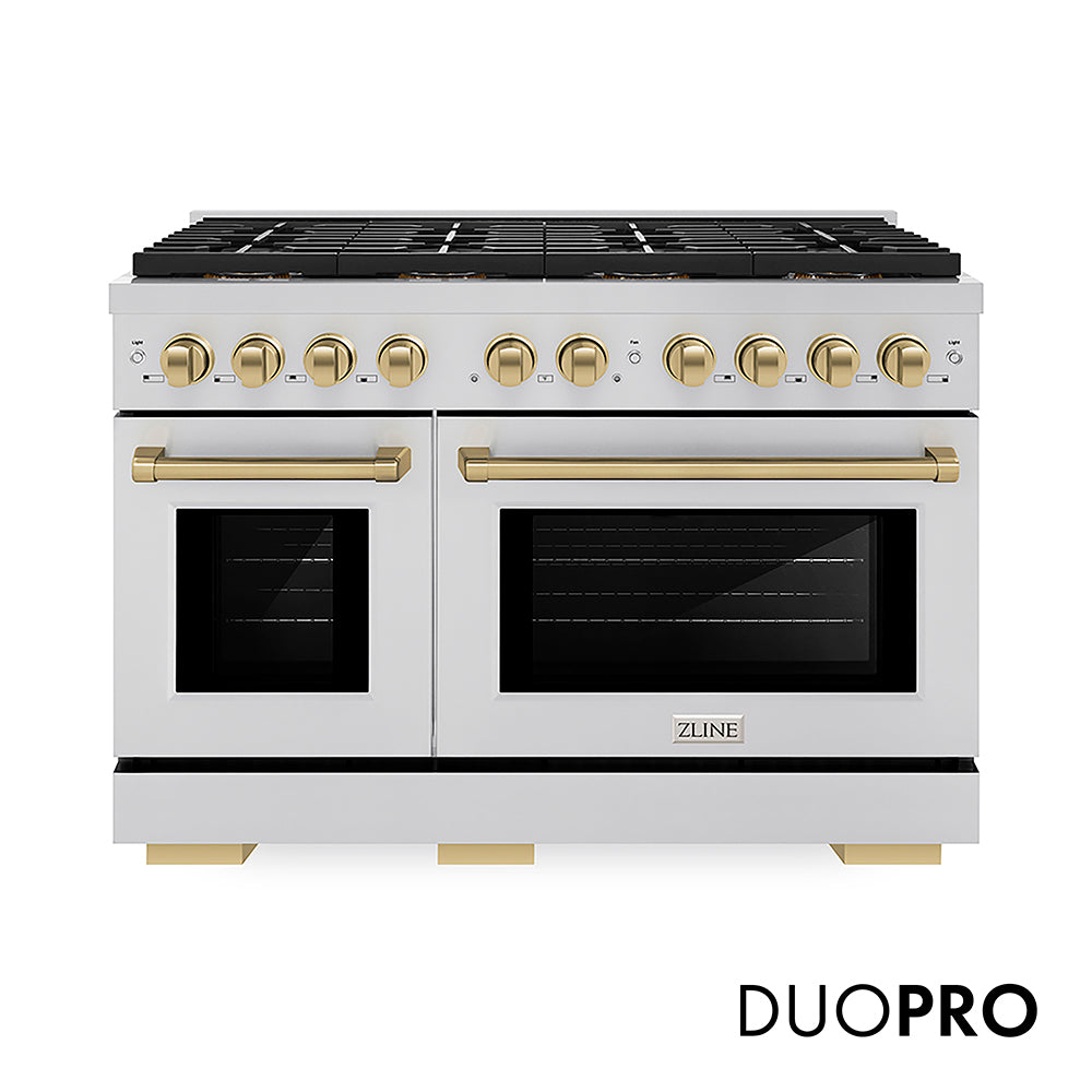 ZLINE Autograph Edition 48 in. 6.7 cu. ft. Paramount Gas Range with 8 Burner DuoPro™ Cooktop and Dual Ovens in Stainless Steel and Champagne Bronze Accents (PSGRZ-48-CB)