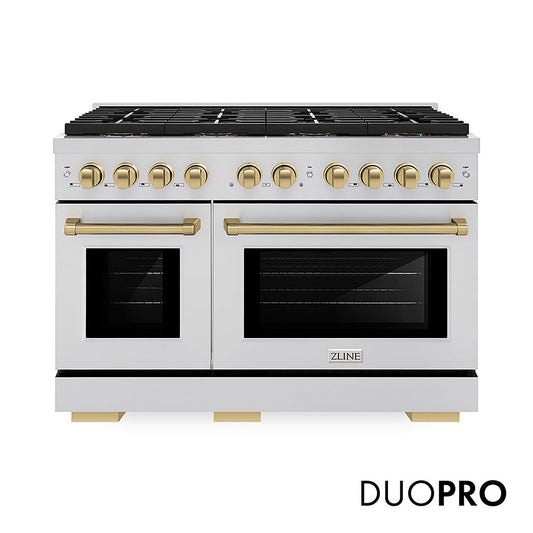 ZLINE Autograph Edition 48 in. 6.7 cu. ft. Paramount Gas Range with 8 Burner DuoPro™ Cooktop and Dual Ovens in Stainless Steel and Champagne Bronze Accents (PSGRZ-48-CB)