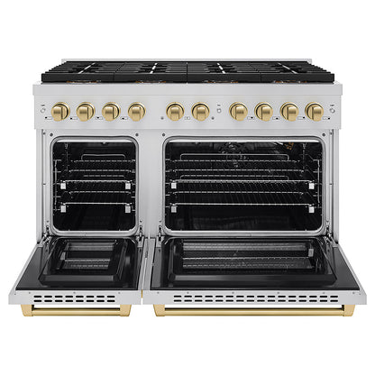 ZLINE Autograph Edition 48 in. 6.7 cu. ft. Paramount Gas Range with 8 Burner DuoPro™ Cooktop and Dual Ovens in Stainless Steel and Champagne Bronze Accents (PSGRZ-48-CB)