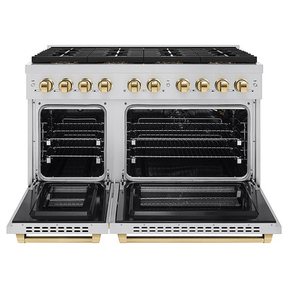 ZLINE Autograph Edition 48 in. 6.7 cu. ft. Paramount Gas Range with 8 Burner DuoPro™ Cooktop and Dual Ovens in Stainless Steel and Polished Gold Accents (PSGRZ-48-G)
