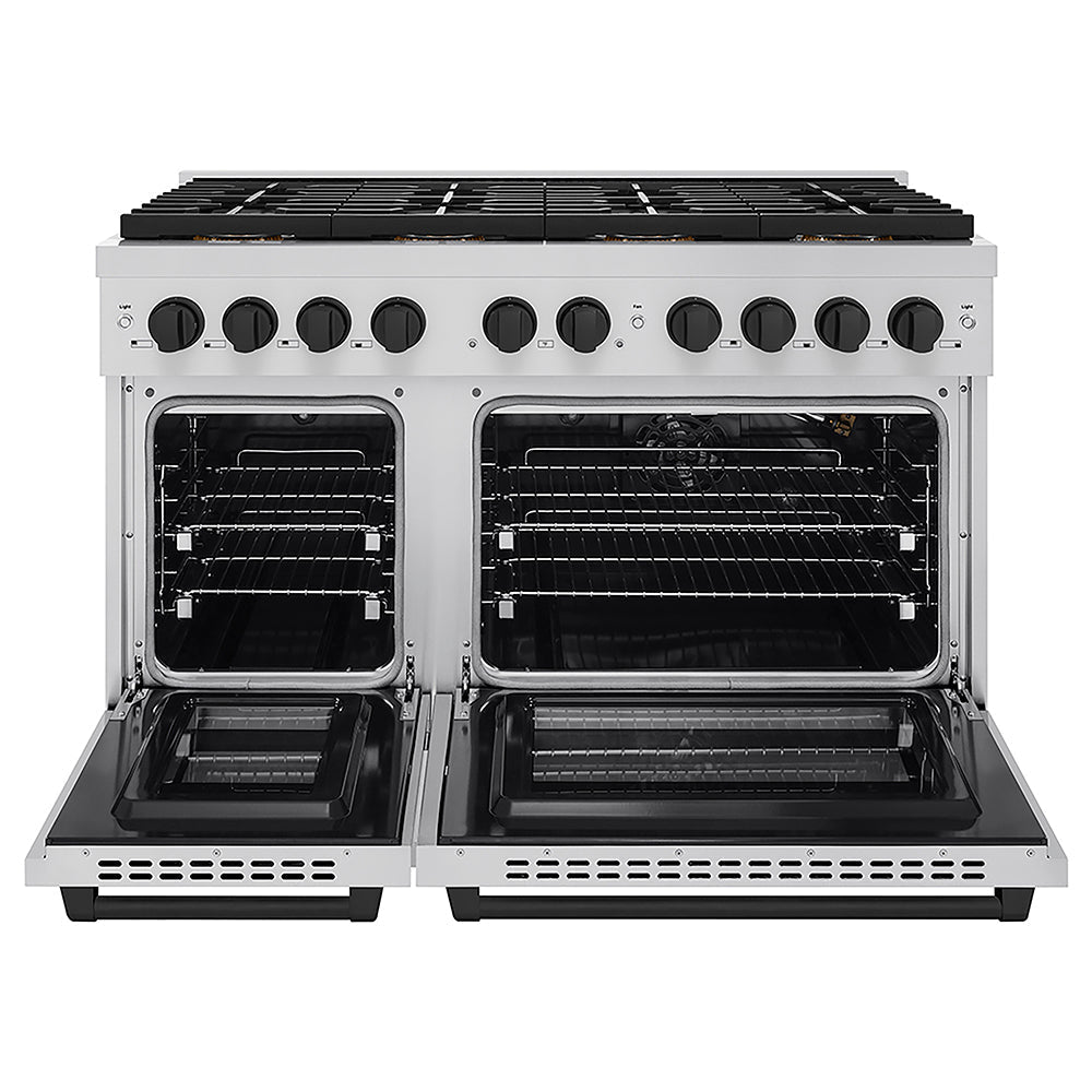 ZLINE Autograph Edition 48 in. 6.7 cu. ft. Paramount Gas Range with 8 Burner DuoPro™ Cooktop and Dual Ovens in Stainless Steel and Matte Black Accents (PSGRZ-48-MB)