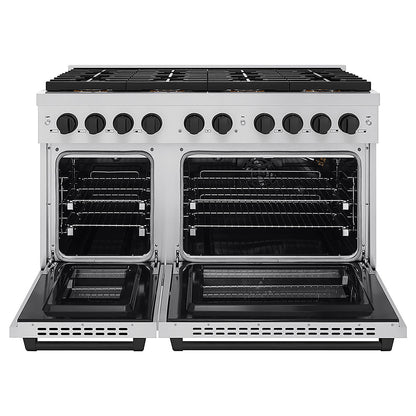 ZLINE Autograph Edition 48 in. 6.7 cu. ft. Paramount Gas Range with 8 Burner DuoPro™ Cooktop and Dual Ovens in Stainless Steel and Matte Black Accents (PSGRZ-48-MB)