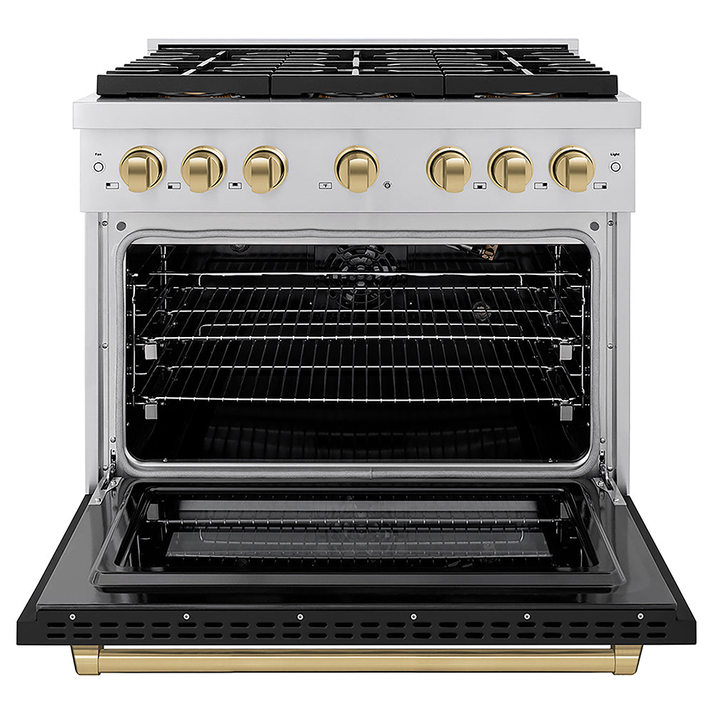 ZLINE Autograph Edition 36 in. 5.2 cu. ft. Paramount Gas Range with 6 Burner DuoPro™ Cooktop and Convection Gas Oven with Black Matte Door and Champagne Bronze Accents (PSGRZ-BLM-36-CB)