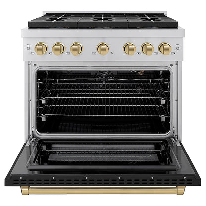 ZLINE Autograph Edition 36 in. 5.2 cu. ft. Paramount Gas Range with 6 Burner DuoPro™ Cooktop and Convection Gas Oven with Black Matte Door and Champagne Bronze Accents (PSGRZ-BLM-36-CB)