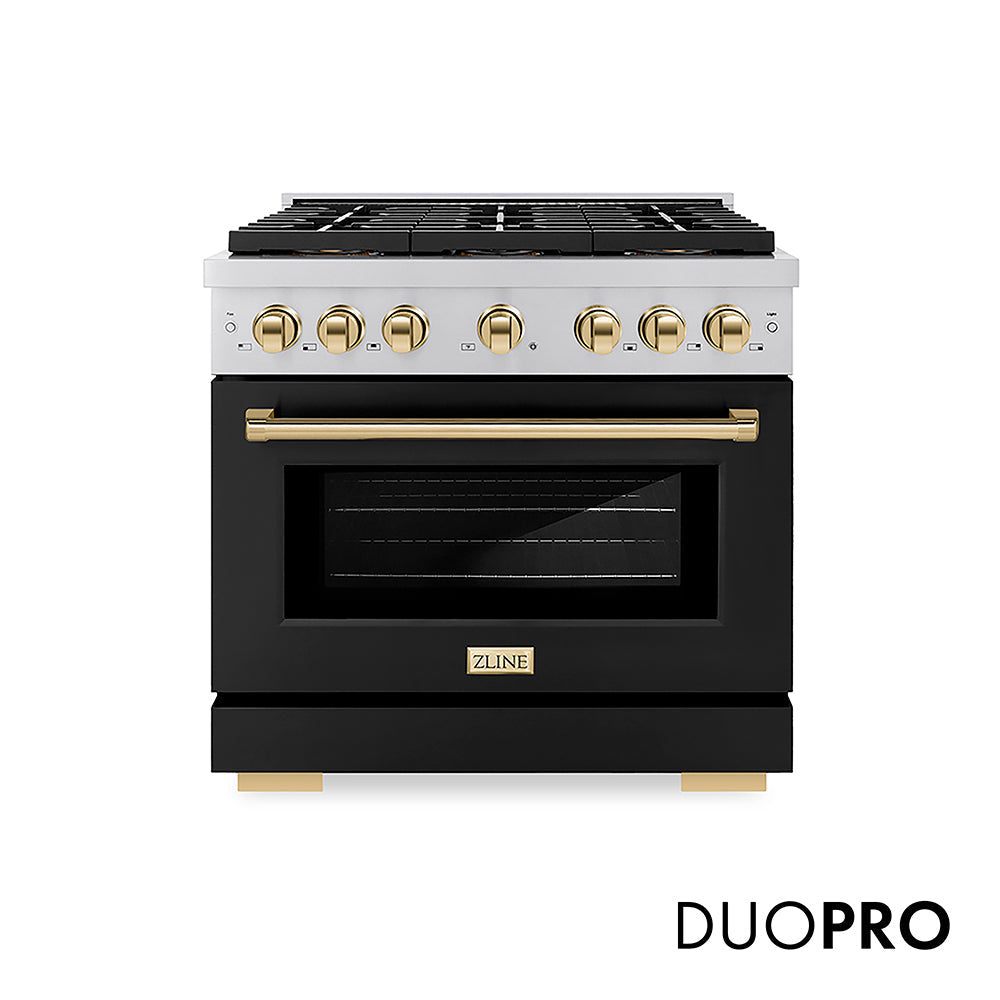ZLINE Autograph Edition 36 in. 5.2 cu. ft. Paramount Gas Range with 6 Burner DuoPro™ Cooktop and Convection Gas Oven with Black Matte Door and Polished Gold Accents (PSGRZ-BLM-36-G)