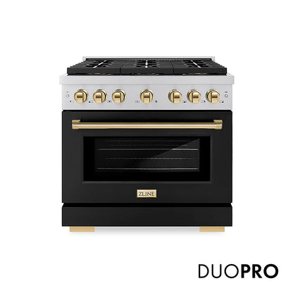 ZLINE Autograph Edition 36 in. 5.2 cu. ft. Paramount Gas Range with 6 Burner DuoPro™ Cooktop and Convection Gas Oven with Black Matte Door and Polished Gold Accents (PSGRZ-BLM-36-G)