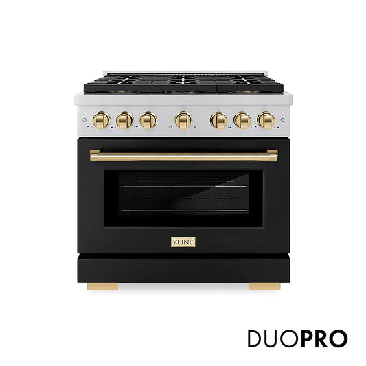 ZLINE Autograph Edition 36 in. 5.2 cu. ft. Paramount Gas Range with 6 Burner DuoPro™ Cooktop and Convection Gas Oven with Black Matte Door and Polished Gold Accents (PSGRZ-BLM-36-G)