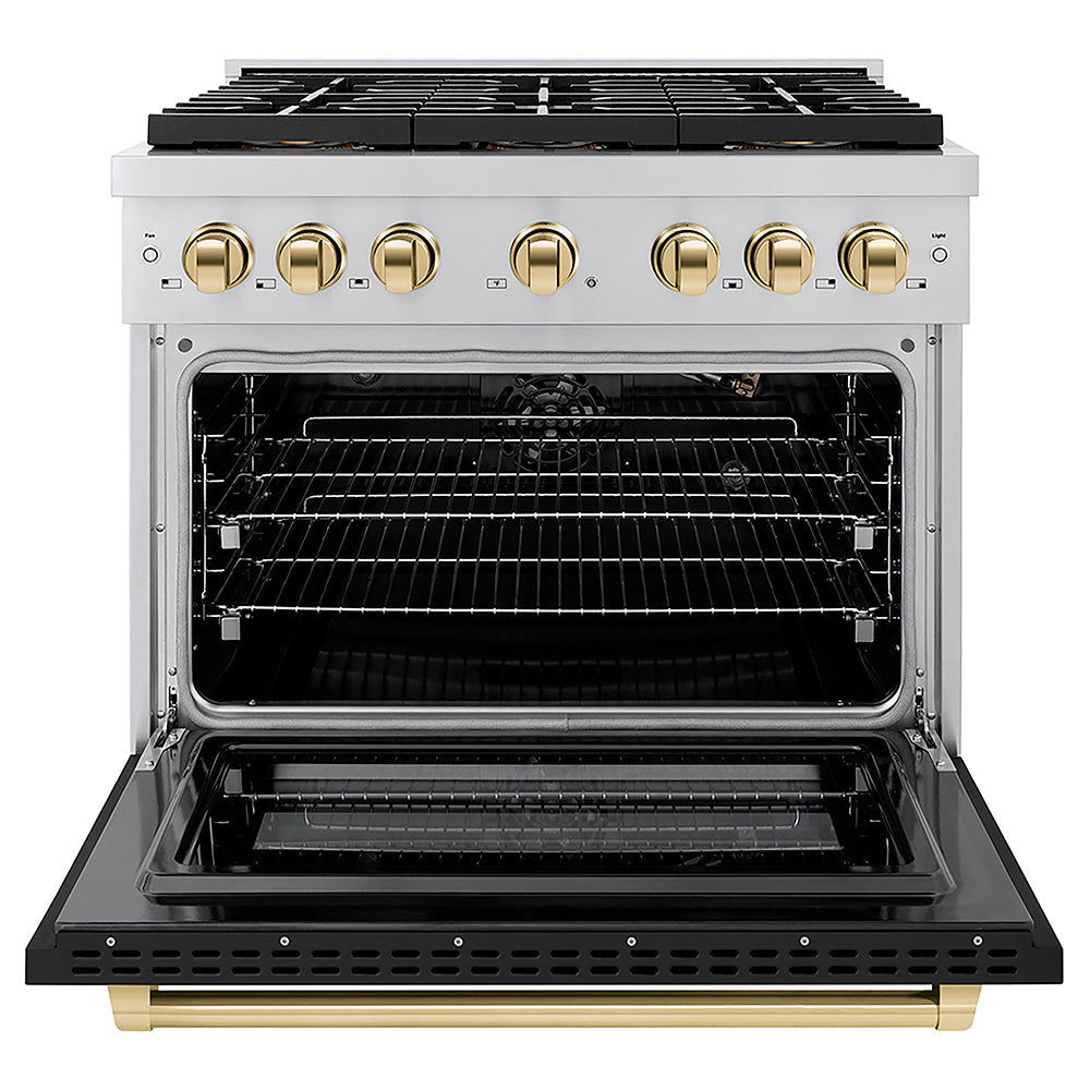 ZLINE Autograph Edition 36 in. 5.2 cu. ft. Paramount Gas Range with 6 Burner DuoPro™ Cooktop and Convection Gas Oven with Black Matte Door and Polished Gold Accents (PSGRZ-BLM-36-G)