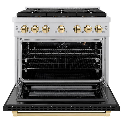 ZLINE Autograph Edition 36 in. 5.2 cu. ft. Paramount Gas Range with 6 Burner DuoPro™ Cooktop and Convection Gas Oven with Black Matte Door and Polished Gold Accents (PSGRZ-BLM-36-G)