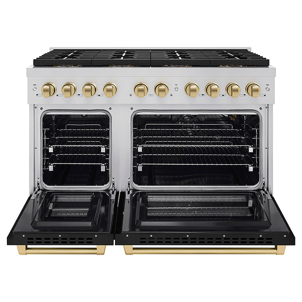 ZLINE Autograph Edition 48 in. 6.7 cu. ft. Paramount Gas Range with 8 Burner DuoPro™ Cooktop and Dual Ovens with Black Matte Doors and Champagne Bronze Accents (PSGRZ-BLM-48-CB)