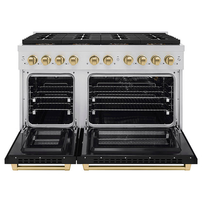 ZLINE Autograph Edition 48 in. 6.7 cu. ft. Paramount Gas Range with 8 Burner DuoPro™ Cooktop and Dual Ovens with Black Matte Doors and Champagne Bronze Accents (PSGRZ-BLM-48-CB)