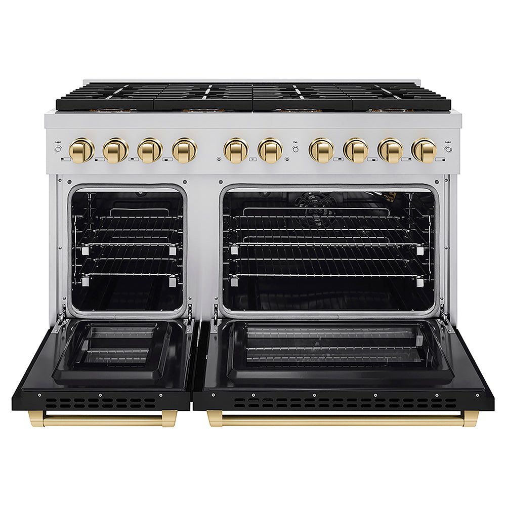 ZLINE Autograph Edition 48 in. 6.7 cu. ft. Paramount Gas Range with 8 Burner DuoPro™ Cooktop and Dual Ovens with Black Matte Doors and Polished Gold Accents (PSGRZ-BLM-48-G)