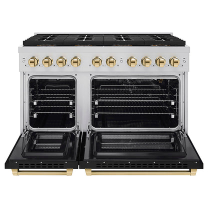 ZLINE Autograph Edition 48 in. 6.7 cu. ft. Paramount Gas Range with 8 Burner DuoPro™ Cooktop and Dual Ovens with Black Matte Doors and Polished Gold Accents (PSGRZ-BLM-48-G)