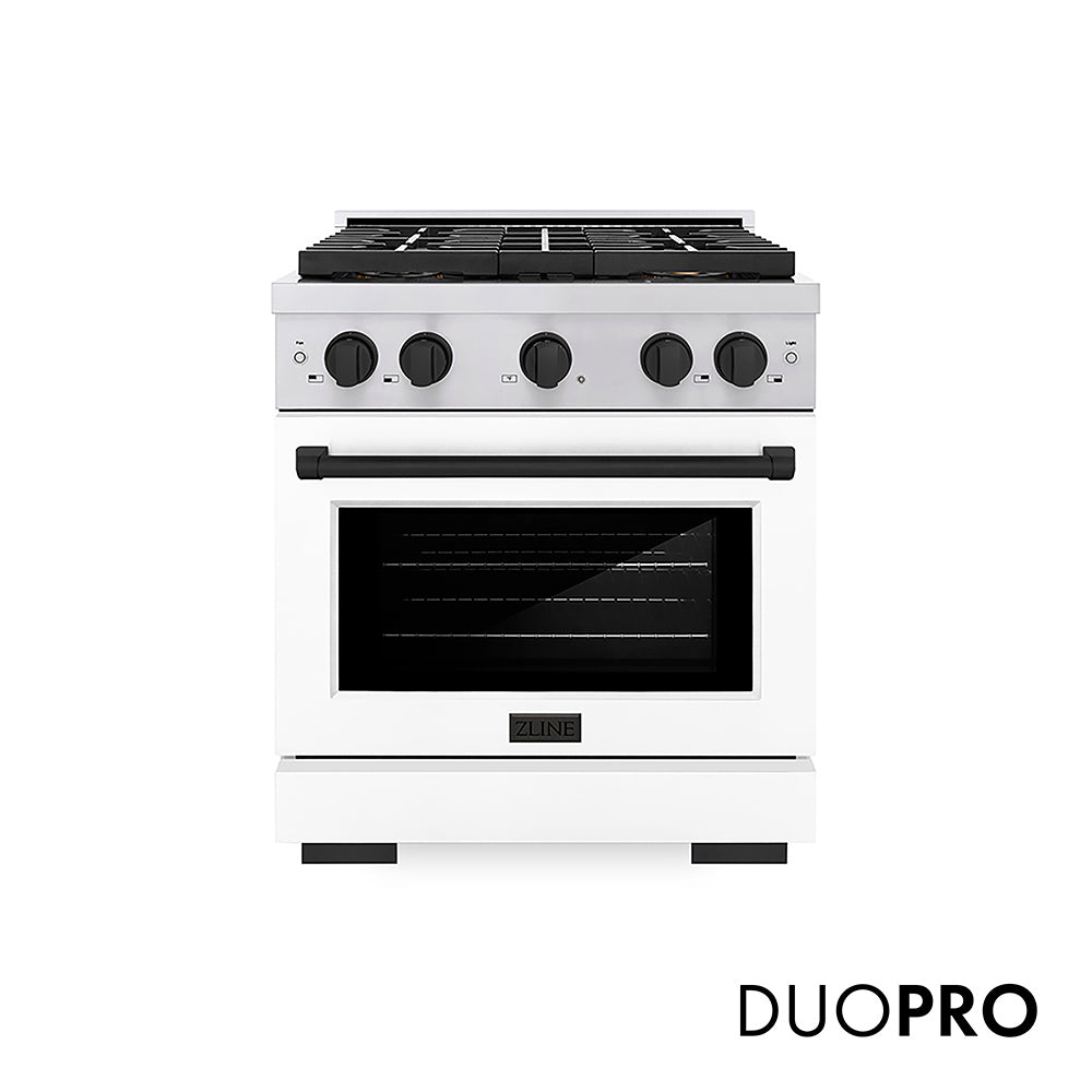 ZLINE Autograph Edition 30 in. 4.2 cu. ft. Paramount Gas Range with 4 Burner DuoPro™ Cooktop and Convection Gas Oven in Stainless Steel with White Matte Door and Matte Black Accents (PSGRZ-WM-30-MB)