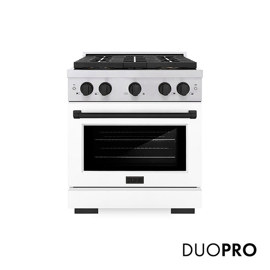 ZLINE Autograph Edition 30 in. 4.2 cu. ft. Paramount Gas Range with 4 Burner DuoPro™ Cooktop and Convection Gas Oven in Stainless Steel with White Matte Door and Matte Black Accents (PSGRZ-WM-30-MB)