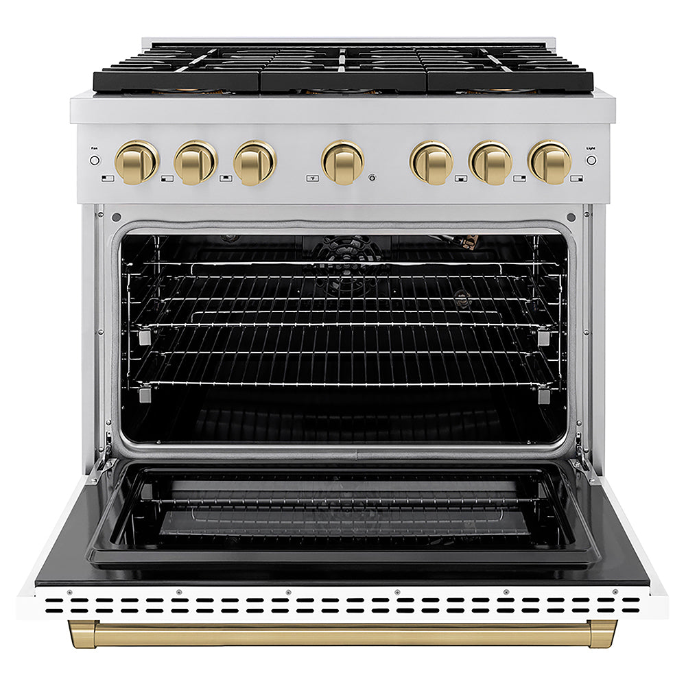 ZLINE Autograph Edition 36 in. 5.2 cu. ft. Paramount Gas Range with 6 Burner DuoPro™ Cooktop and Convection Gas Oven with White Matte Door and Champagne Bronze Accents (PSGRZ-WM-36-CB)
