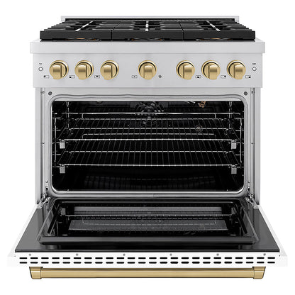 ZLINE Autograph Edition 36 in. 5.2 cu. ft. Paramount Gas Range with 6 Burner DuoPro™ Cooktop and Convection Gas Oven with White Matte Door and Champagne Bronze Accents (PSGRZ-WM-36-CB)