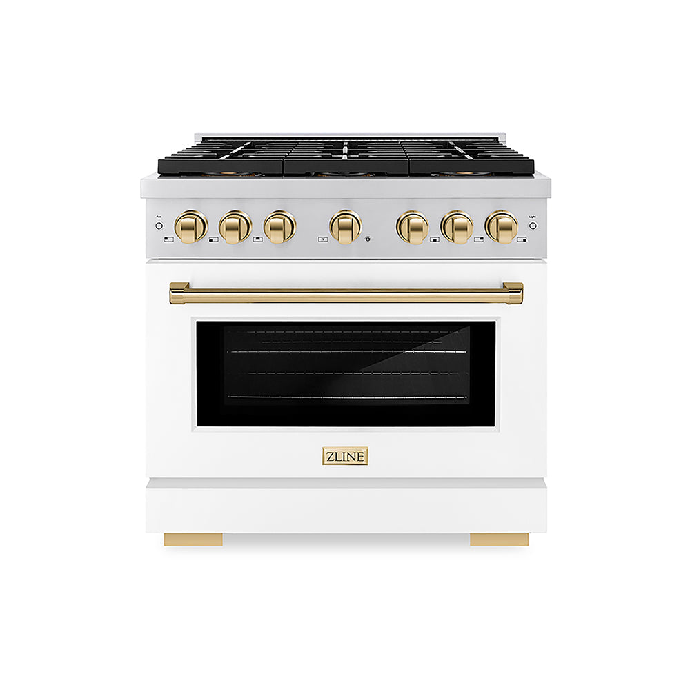 ZLINE Autograph Edition 36 in. 5.2 cu. ft. Paramount Gas Range with 6 Burner DuoPro™ Cooktop and Convection Gas Oven with White Matte Door and Polished Gold Accents (PSGRZ-WM-36-G)