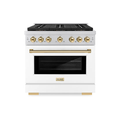 ZLINE Autograph Edition 36 in. 5.2 cu. ft. Paramount Gas Range with 6 Burner DuoPro™ Cooktop and Convection Gas Oven with White Matte Door and Polished Gold Accents (PSGRZ-WM-36-G)